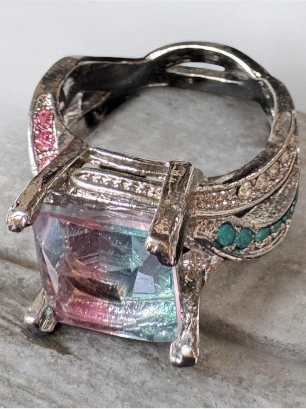 Farah Jewelry Silver Multi-Color Square Crystal Ring with Pink and Teal Accents